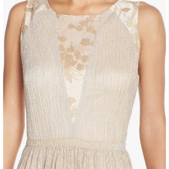 NEW Tahari Pleated Metallic Gold Jacquard Illusion Midi Dress Women's Size 16 - Picture 3 of 13